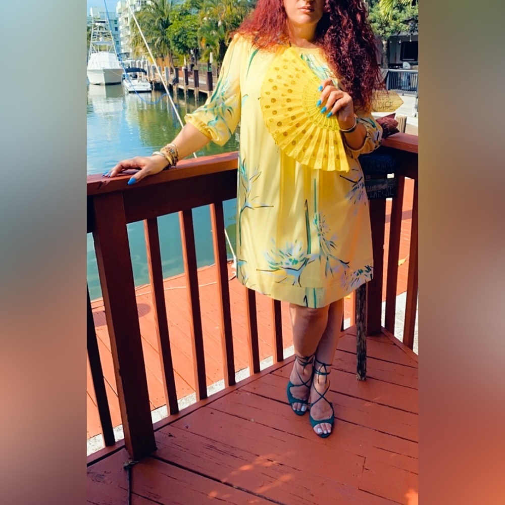 Eva Mendes Sheer Dress Size XXL Ethereal Summer Spring Art to Wear Floral Yellow